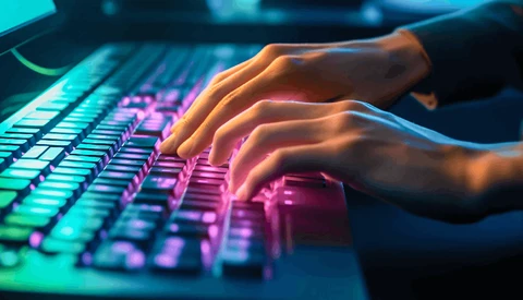 Hands typing on an illuminated mechanical keyboard with neon pink and cyan backlighting.