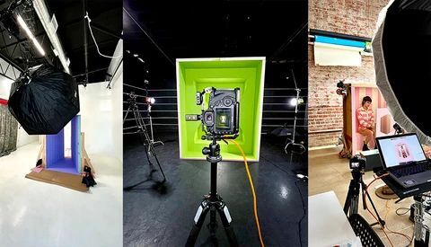Three studio setups showing professional lighting equipment and camera rigs in different configurations.