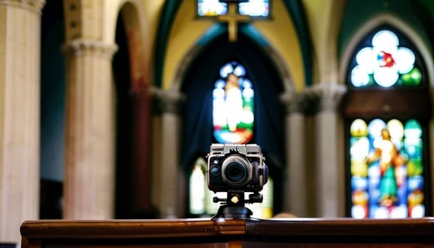 Camera on tripod pointed toward stained glass windows inside a cathedral with Gothic arches.