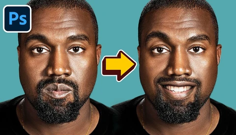 Before-and-after comparison showing portrait retouching in Photoshop with neutral expression transforming to smiling expression.
