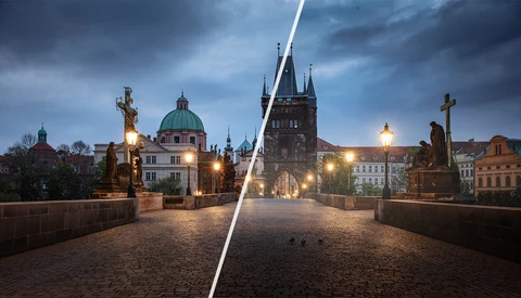 Charles Bridge in Prague during twilight, split-screen comparison showing left and right perspectives of the stone bridge with towers and statues.