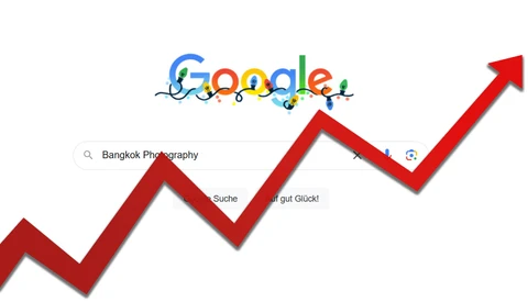 Screenshot showing Google search interface with upward trending red arrow overlay.