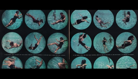 Grid of 18 circular frames showing swimmers in various underwater poses and positions.