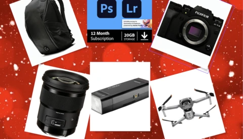 Photography gift guide displaying camera gear, software subscription, and accessories arranged on a festive red background.