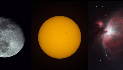 Three celestial objects displayed side by side: the Moon, the Sun, and the Orion Nebula.