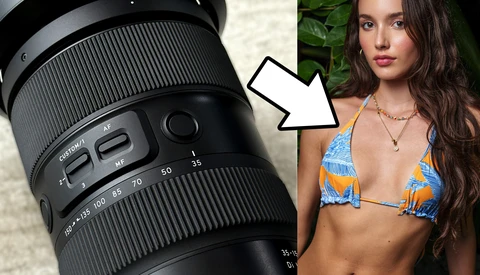 Telephoto zoom lens with focus ring and distance scale displayed alongside portrait of woman wearing patterned bikini top.