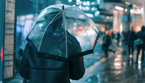 Person holding a clear umbrella during rainfall in an urban street at night with blurred city lights in background.