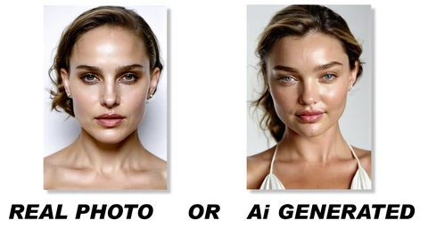 Side-by-side comparison of a real portrait photograph and an AI-generated portrait with similar styling and composition.