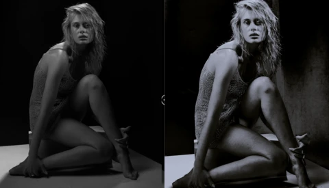 Side-by-side comparison of portrait retouching techniques showing before and after processing of a seated figure study.