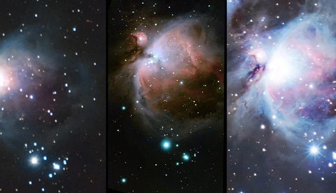 Three astronomical observatory images of nebulae and star-forming regions with bright central cores and diffuse gas clouds.