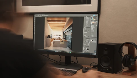 Screenshot of architectural interior rendering displayed in Adobe Lightroom Classic on a wide monitor.