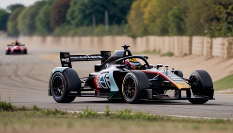 Open-wheel race car with white, black, and gold livery cornering on a racetrack with competitor behind.