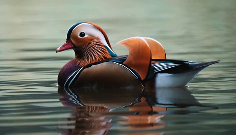 Male mandarin duck swimming in calm water with warm light reflection.