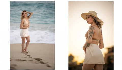 Two beach portrait photographs showing women in neutral-toned beachwear posing outdoors.