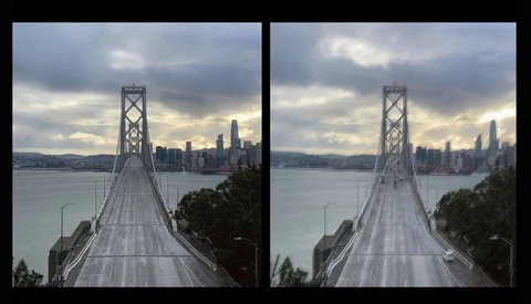 Side-by-side comparison of the same suspension bridge and city skyline with different exposure processing.