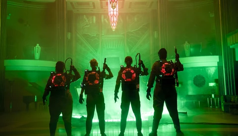 Four silhouetted figures stand in formation facing forward against vibrant green and red neon lighting.
