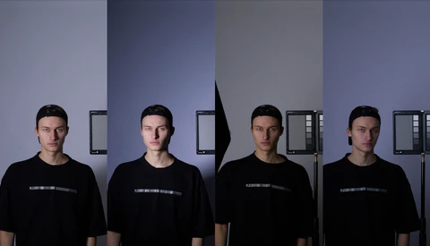 Four identical male portraits arranged in a row, with a black silhouette shape positioned between the second and third figures.