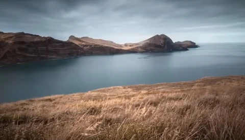 Rugged volcanic coastline with brown cliffs, grassy foreground, and calm blue-gray water under an overcast sky.