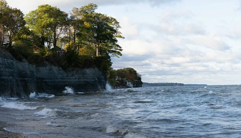Rocky cliff shoreline with trees and breaking waves under cloudy sky.