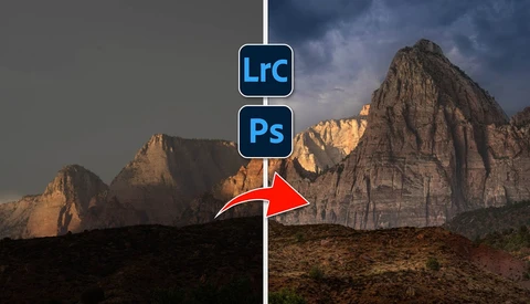 Screenshot showing Adobe Lightroom and Photoshop icons with a red arrow pointing between them over a desert mountain landscape.