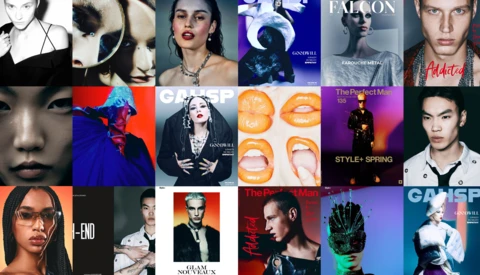 Grid of 20 high-fashion magazine covers and editorial layouts featuring portrait photography with bold color grading and typography.