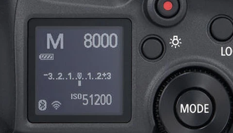 Screenshot of a mirrorless camera's rear LCD display showing M mode, ISO 51200, and various shooting parameters.
