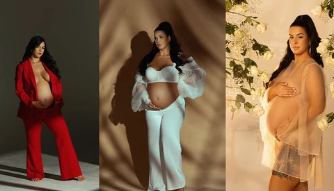 Three maternity portrait photography setups showcasing different styling approaches and lighting techniques.