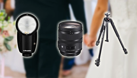 Three photography equipment items: a compact flash unit, a zoom lens, and a sturdy tripod with ball head.