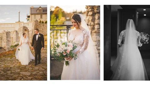 Three wedding photography examples showing bride and groom portraits in different styles and settings.