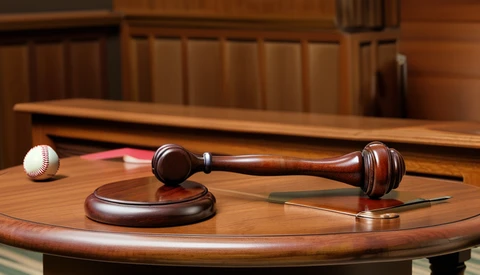 Wooden gavel and sound block on a desk with a baseball and documents in a courtroom setting.