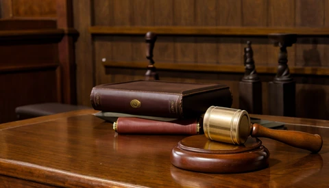 Judge's gavel and law books arranged on a wooden desk in a courtroom setting.