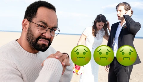 Man in glasses looking disappointed while three sad-face emojis cover a couple's faces on a beach.