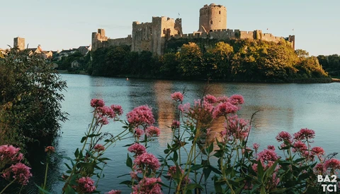 Medieval castle with multiple towers reflected in calm water, framed by pink flowering plants in foreground.
