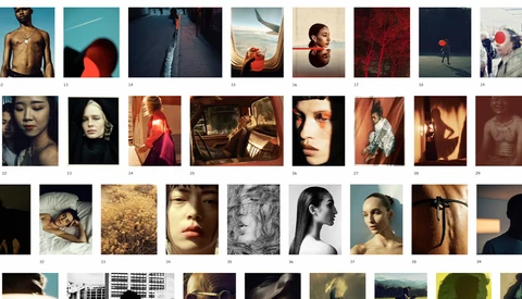 Grid layout of 40 portrait and figure photography samples showcasing diverse lighting, color grading, and compositional styles.