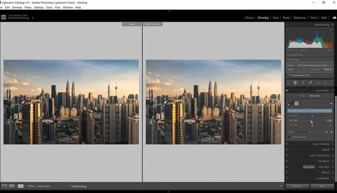 Screenshot of Adobe Lightroom Classic showing before and after comparison of a cityscape photograph during editing.