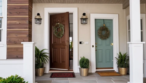 Symmetrical front porch with two painted doors, coordinating wreaths, potted plants, and wall sconces flanking a central chimney.