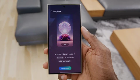 Screenshot of a mobile app interface displaying an AI image generation preview with a surreal purple-lit spherical object and flowers.