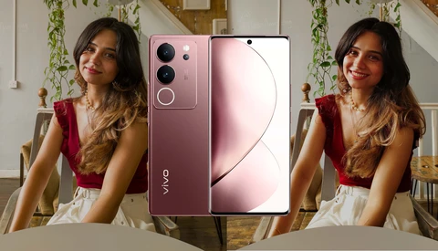 Vivo smartphone in burgundy with triple rear cameras displayed next to portrait photos of a woman in a home interior setting.