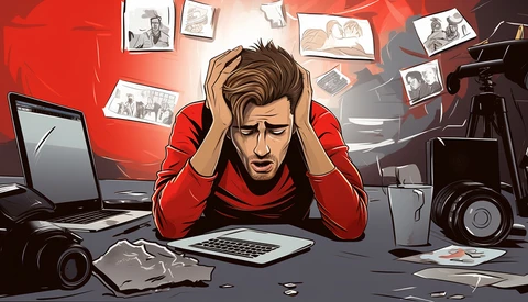 Illustration of a stressed creative professional in red hoodie at desk surrounded by cameras and photographs.