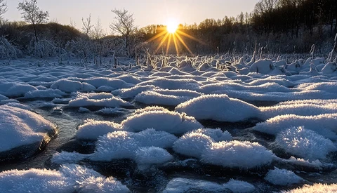 Icy boulders scattered across a partially frozen river at sunrise, backlit by golden sunlight and bare trees.