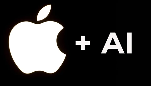 Graphic combining the Apple logo with a plus symbol and the letters 'AI' on a black background.
