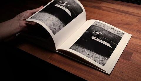 Hand holding open a photography book displaying black and white landscape images on a wooden table.