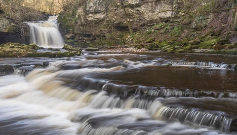 Cascading waterfall and stream with silky water flow over rocky steps surrounded by moss-covered cliffs and bare trees.