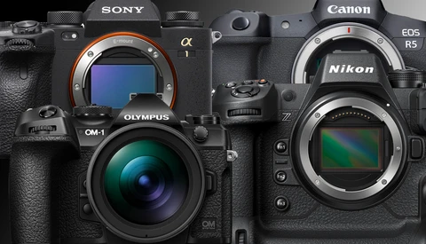 Four professional mirrorless cameras displayed front-facing with sensor mounts visible: Sony Alpha, Olympus OM-1, Canon EOS R5, and Nikon Z body.