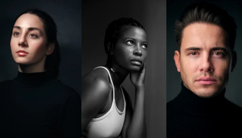 Three studio portrait headshots demonstrating professional lighting and composition techniques.