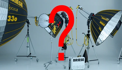 Professional lighting setup with three parabolic reflectors and a large red question mark in the center.