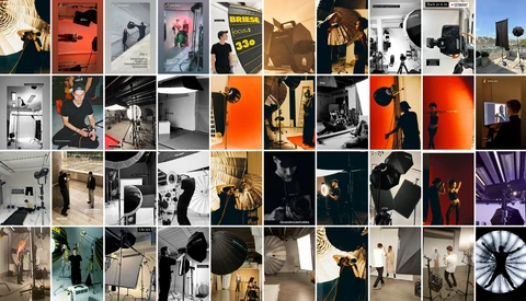 Grid of 50 behind-the-scenes photography studio images showing lighting setups, equipment, and production work.
