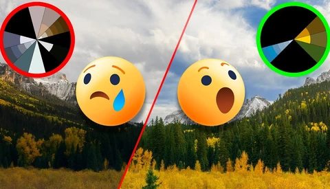 Alpine valley landscape with two emoji faces and color wheel graphics overlaid.