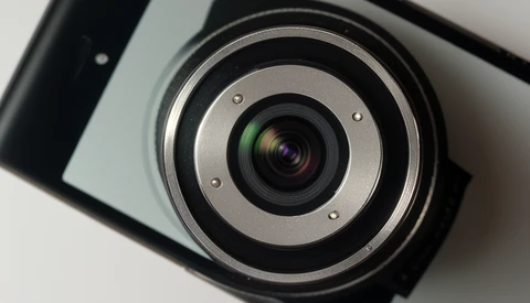 Close-up overhead view of a camera lens with metallic ring and green-tinted glass elements.