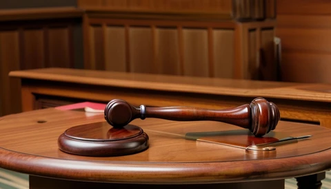 Wooden gavel and sound block on a polished round table in a courtroom setting.